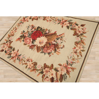 4x5 Hand Woven Wool Ivory French Needlepoint Traditional Floral Rug