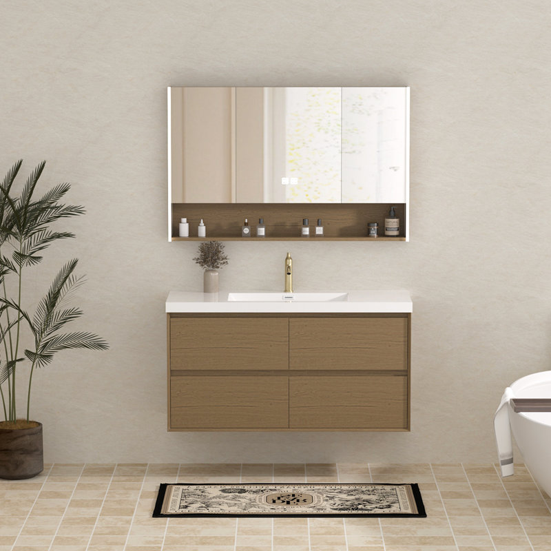 Meuble-lavabo mural simple 48 po avec lavabo en résine intégré, Light Brown, 48" W