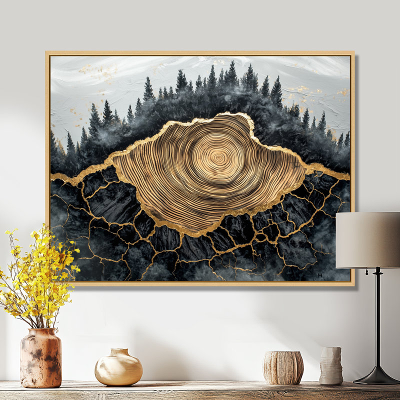 Gerina forêt sombre liquide Gem River I - forêt, art mural, H 30 po x l 40 po, Noir, Avec cadre