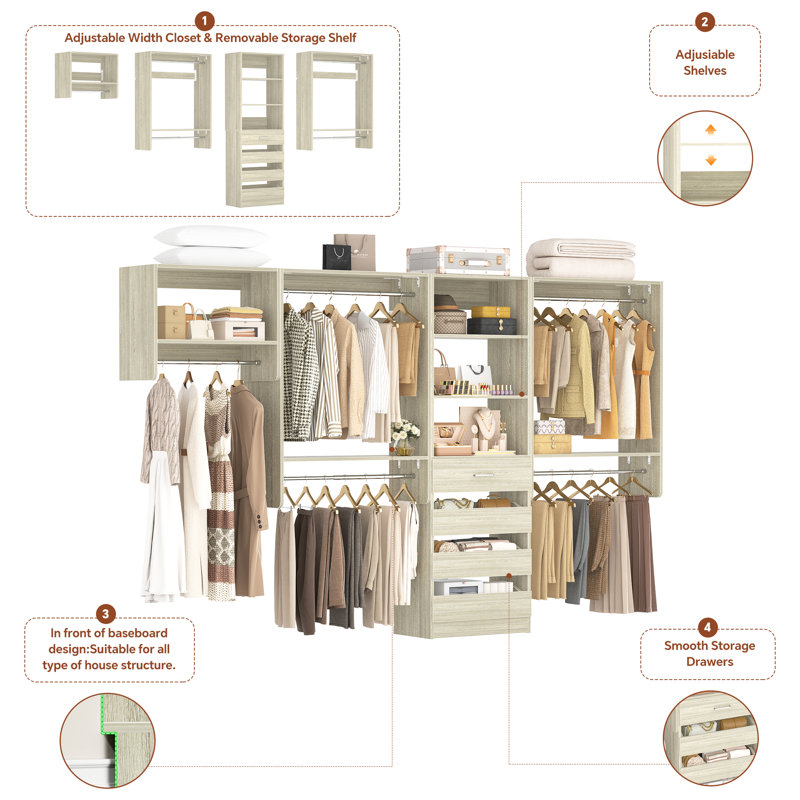115.7" W Walk In Closet System with 6 Drawers and Shelves, Washed Oak