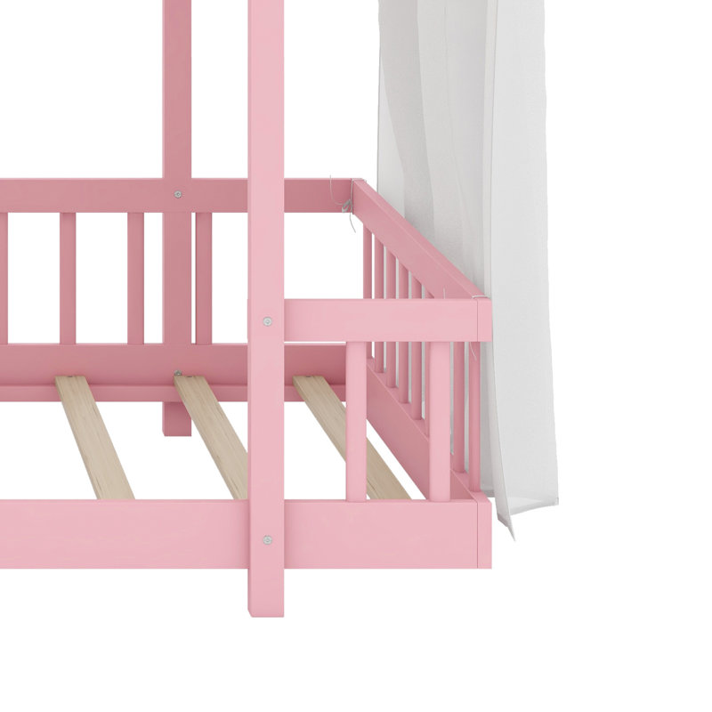 Lit plateforme avec cadre robuste en forme de maison, baldaquin et guirlandes lumineuses pour des chambres ludiques, Rose