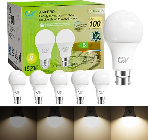 GY B22 Dimmable LED Bulb, Neutral White 8W 4000K 1521 lumens High Energy Efficient, Equivalent to 100W, Dimmable Energy-Saving Bulbs, 6-Pack