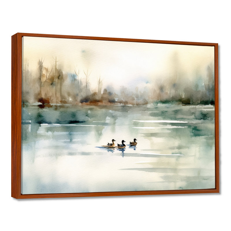 «Ducks in Pond I» - Art mural sur toile, H 12 po x l 20 po, Brun, Reproduction avec cadre flottant