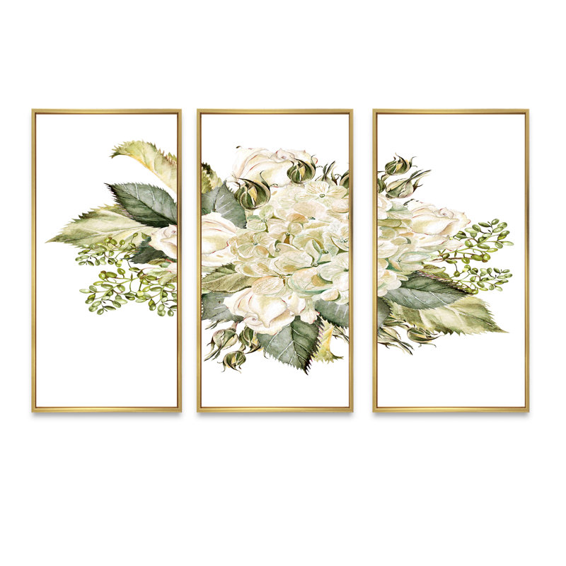 «Beautiful Bouquet With Hudrangea and Roses», reproduction de cadre flottant sur toile 3 pièces, H 28 po x l 36 po x P 1 po