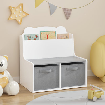 Kids Storage Bench with Book Display Rack, Toddler Reading Bench with 2 Removable Fabric Storage Bins, Children Toy Book Organizer Cabinet for Playroom Bedroom Nursery