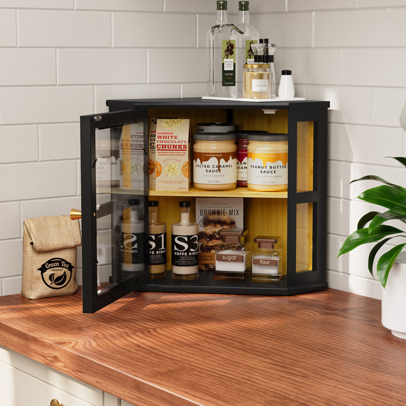 Bamboo Double Layer Storage Cabinet, Countertop Bread Box & Multipurpose Organizer for Kitchen, Pantry, Black