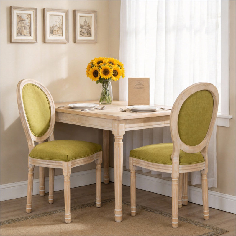 Ensemble de 2 chaises d'appoint rembourrées en mélange de coton avec cadres en bois massif, sièges de salle à manger vert classique pour la cuisine, le salon ou le restaurant, style champêtre