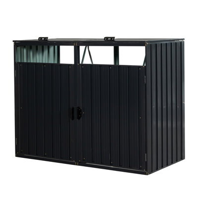 Iron Garbage Storage Shed For Yard - 2 Can Capacity, 47.23 In Height, Ventilated, Easy Assembly Outdoor Bin With Spring Lid Charcoal, 64.4 Depth, , Scratch-