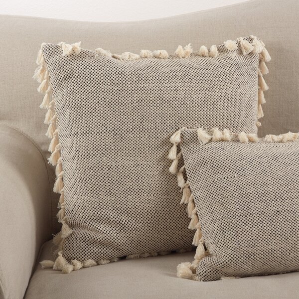 18 x 18 Square Polycotton Handwoven Accent Throw Pillow, Fringed, Sequins, Chevron Design, Off White Dakota Fields