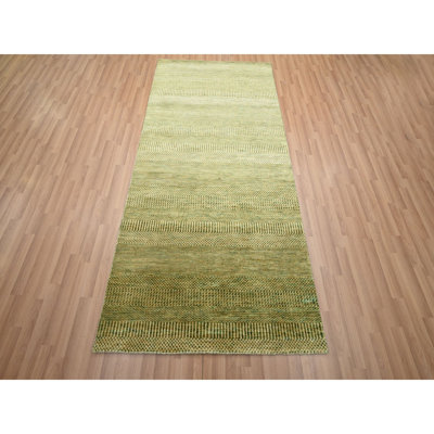 4'x8' Ecru Olive Brown, Modern Grass Design, Hand Knotted, Denser Weave, Wool and Silk, Lush and Plush, Wide Runner, Oriental Rug