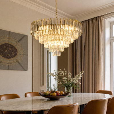 24" Crystal Chandelier with Grey Accents, 11-Light Round Pendant with Adjustable Chain, Brass Finish for Dining Room Living Room