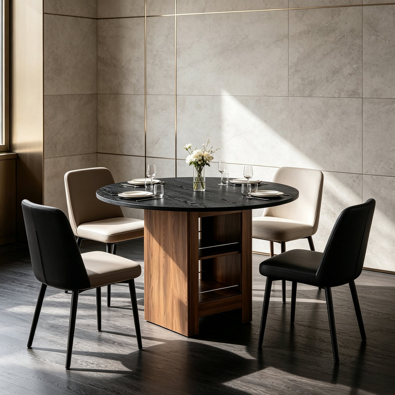 Table de salle à manger ronde 42 po en MDF noir moderne avec rangement double couche pour appartement, cuisine