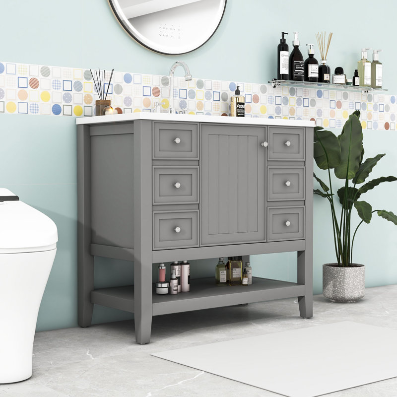 Meuble-lavabo moderne en bois avec lavabo en céramique et rangement multifonctionnel, Gris