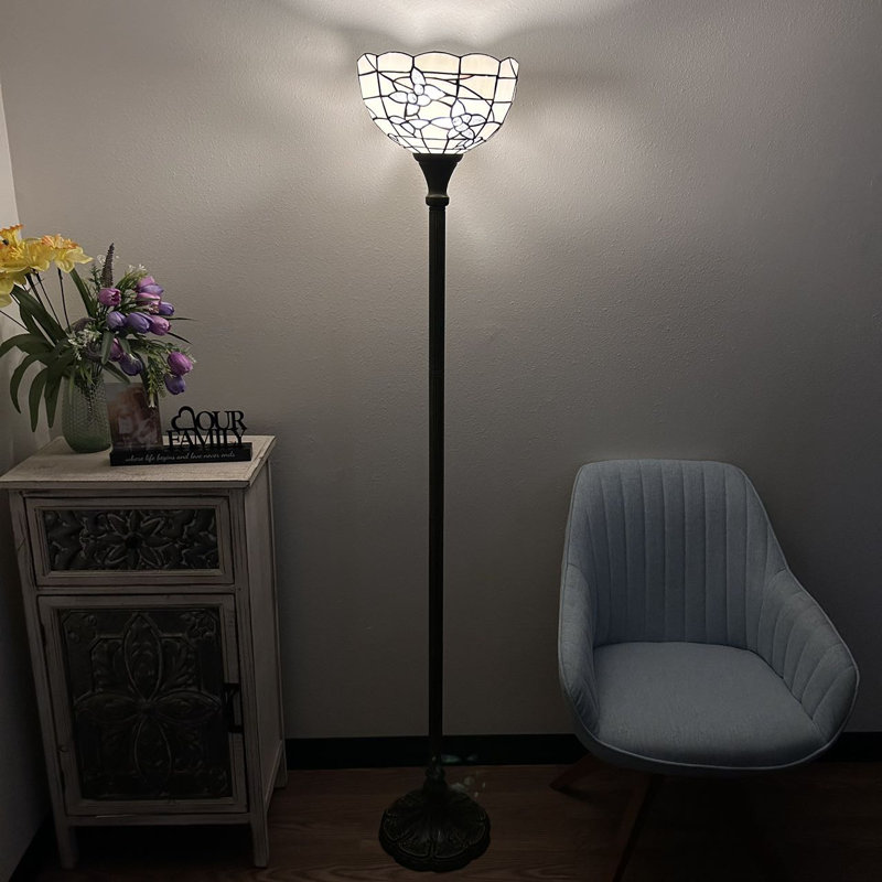 Sehnaz White Stained Glass and Bronze Floor Lamp