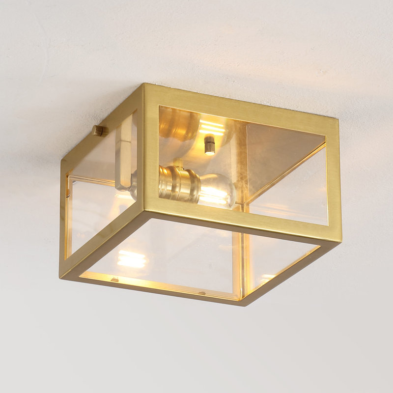 Plafonnier encastré carré en fer / verre Bechtold Farmhouse, Laiton doré, H 5 po x l 8 po x P 8 po