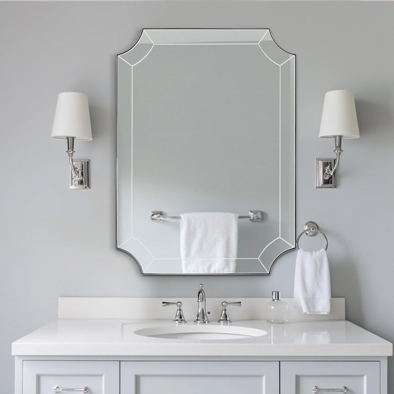 Minuette Glass Tile Edge Scalloped Bathroom Vanity Mirror | Stainless Steel Frame, 30" x 22", Brushed Nickel