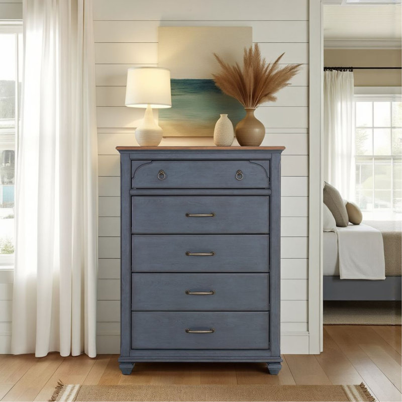 Commode à 5 tiroirs, aucun assemblage requis, finition bleue en velours côtelé