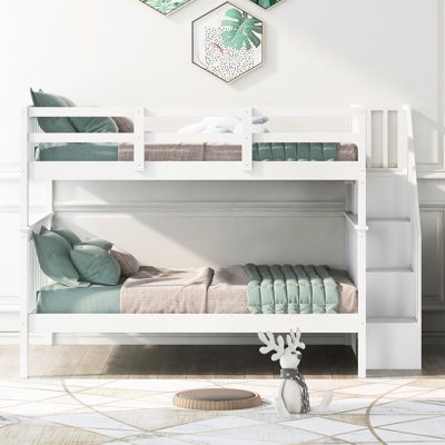 Stairway Bunk Bed With Storage And Guard Rail, White Finish, Solid Wood, Four - Step Stairs, Slat Kit Bedroom Bed, Color, Space, Legs, Divisible Into Two Beds