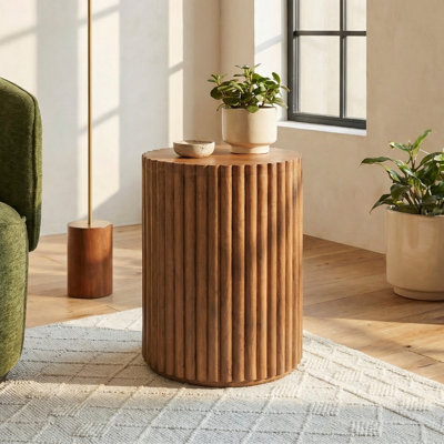 Hoodle Cylindrical Walnut Stained Wooden Fluted Finish Side End Table - Bold Simple Design