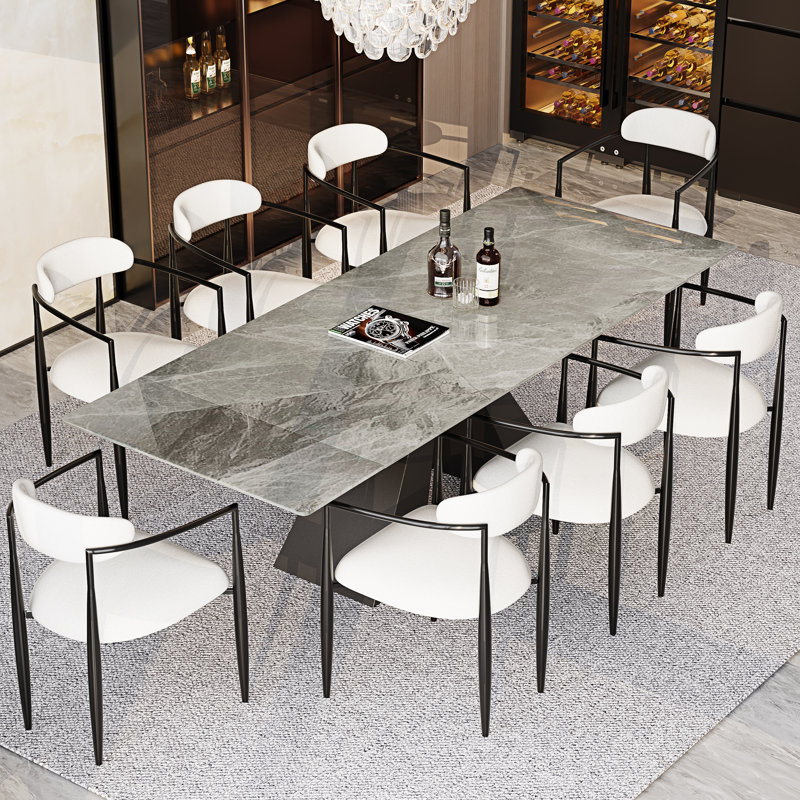 9 - Piece Dining Table Set With 94.5'' Extendable Sintered Stone Dining Table And 8 Fabric Chairs, White/Black