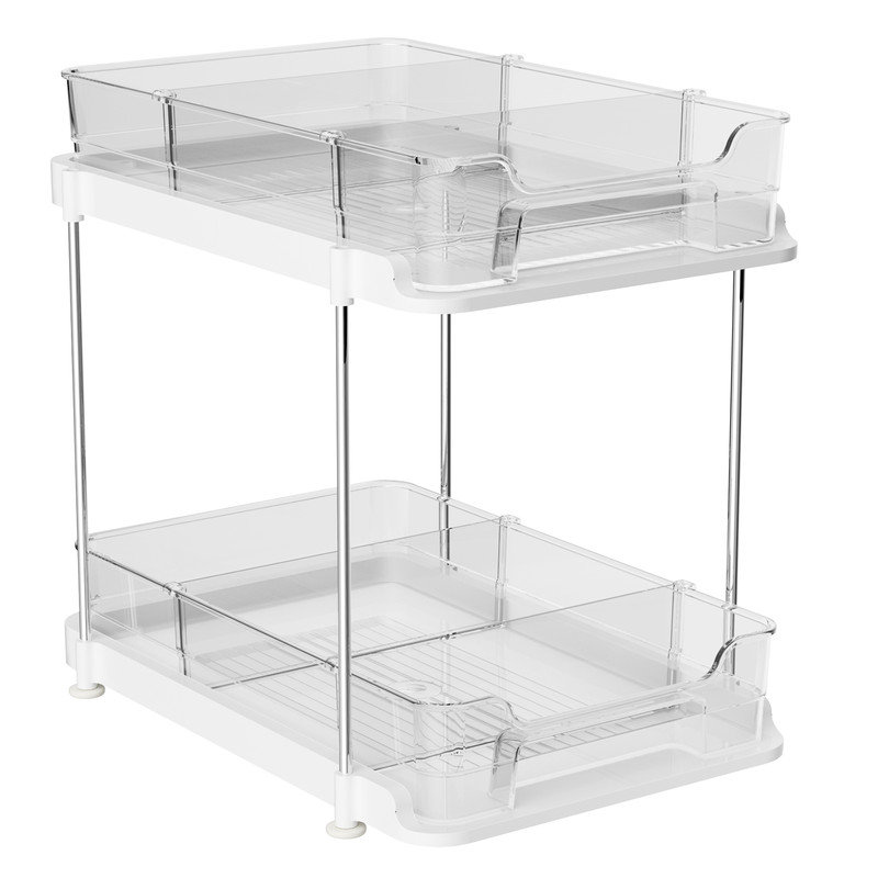 Organisateurs sous évier à 2 niveaux avec séparateurs mobiles, organisateur coulissant polyvalent transparent, tablettes de rangement empilables pour la cuisine, la salle de bain, le meuble-lavabo, le garde-manger, le réfrigérateur