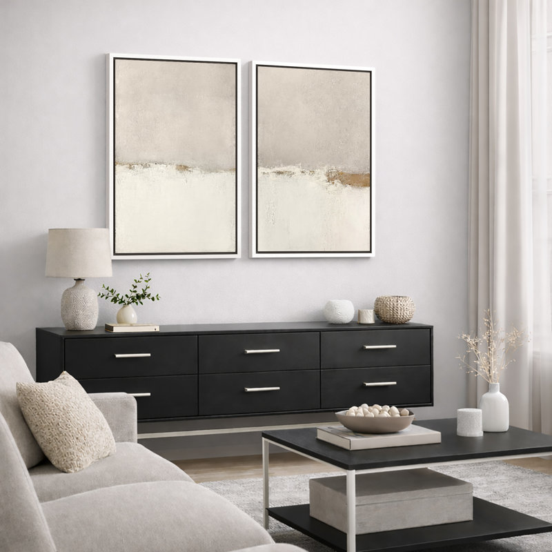 Paysage minimaliste «Œuvre abstraite grunge beige beige, images murales simples minimalistes neutres, impression sur toile encadrée, 2 pièces»