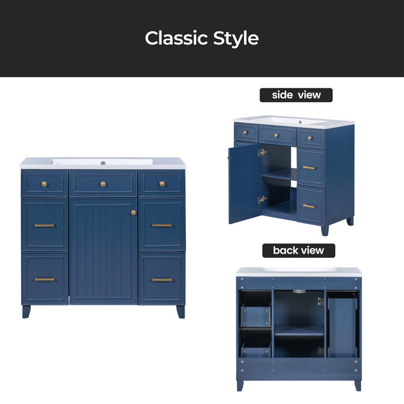 36'' Single Bathroom Vanity with Resin Top, Navy Blue