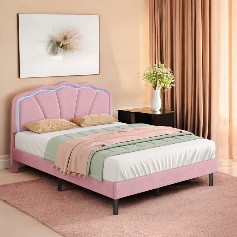 Upholstered Bed Pink Velvet With LED Adjustable Shell Shape Headboard (No Mattress), Double (4'6), Pink