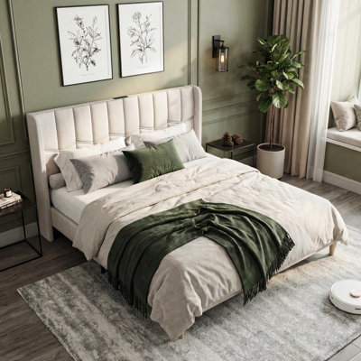 Begie Linen Upholstered Bed With USB Charging, Solid Wood Slats & Metal Frame