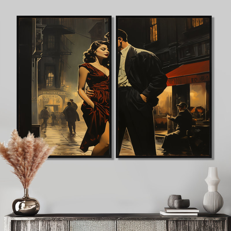 Old Hollywood Romance Couple Elegance II - impressions sur toile noires, 36" H x 48" W, Impression encadrée flottante, Black