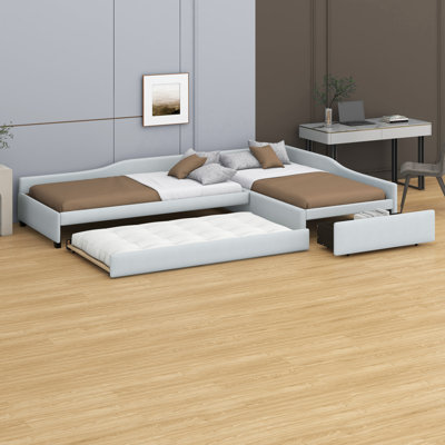 Twin Size L Shaped Bed With Trundle And Drawer, Upholstered Double Twin Size Daybed Frame, Corner Bed Frame With Drawer And Trundle