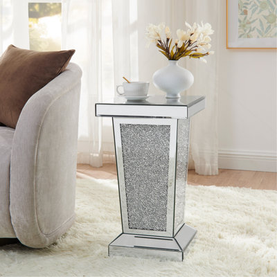 Table de bout en miroir argentée avec incrustation de cristal, table d'appoint moderne, table d'appoint, petite table basse carrée pour le salon, la chambre à coucher, le bureau, le couloir, le vestibule. L 13,8 po x P 13,8 po x H 23,6 po