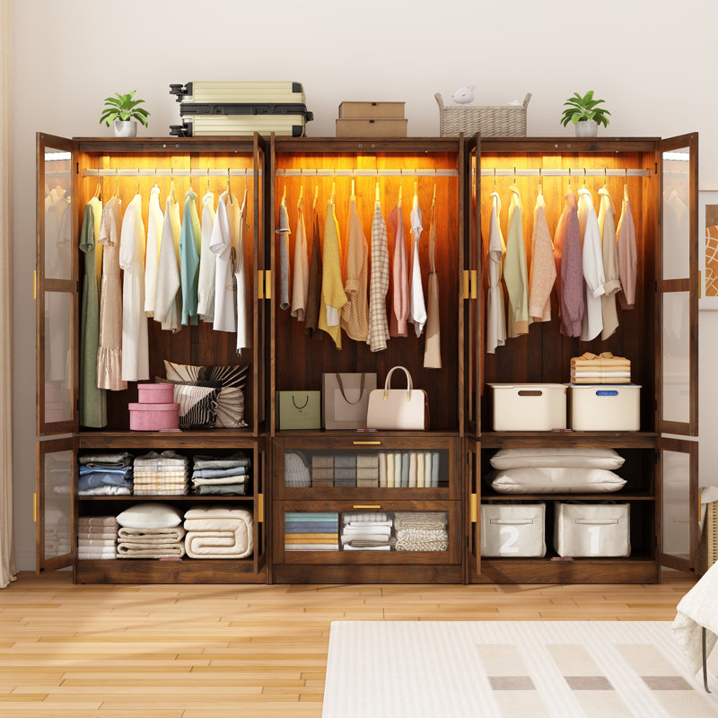 Armoire moderne l 94,5 po x H 71 po avec capteur à DEL, miroir en acrylique, garde-robe en verre avec tablettes et tiroirs