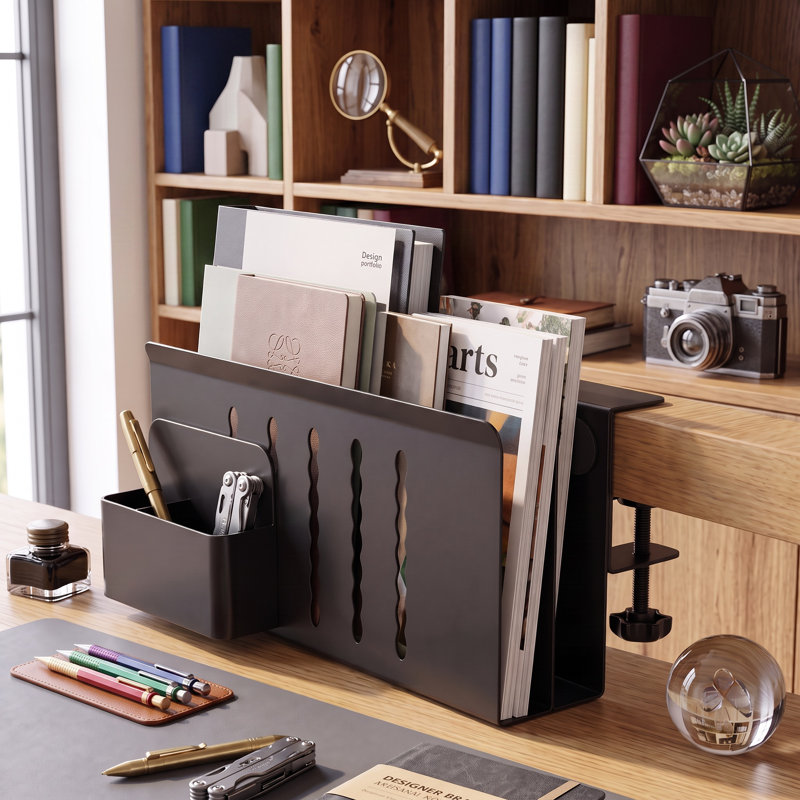 Organiseur de bureau latéral à fixation sans perçage, porte-documents suspendu en métal à deux niveaux avec pot à stylos amovible, accessoire de bureau gain de place noir pour espace de travail à domicile
