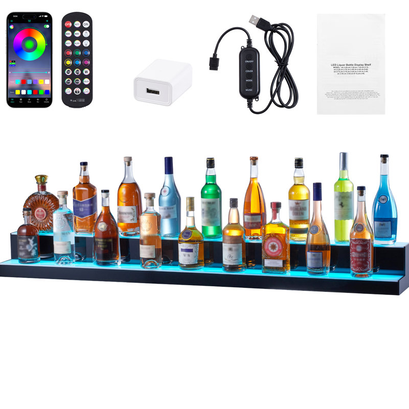 Tablette de bar à vin à 2 marches avec éclairage à DEL, télécommande et télécommande, 60 billes de lampe par mètre pour un effet éblouissant, 7 couleurs statiques 22 dynamiques, plusieurs modes de bricolage, 1 minuterie de 4 heures, alimenté par