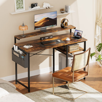 Office Computer Desk with LED Light,Office Table with Monitor Stand for Home/Office Use, Corner Desk with Large Storage Bag and Height Adjustable Storage Shelf, Remote Worker