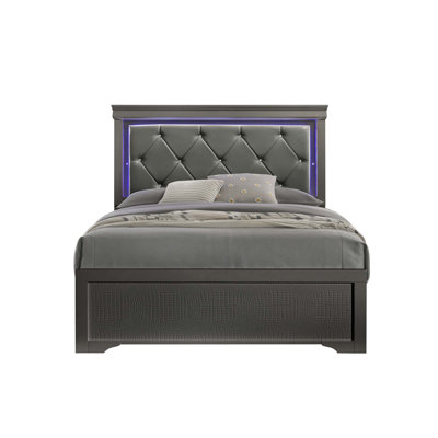 Lit simple rembourré de style moderne Blaze avec tête de lit à DEL et bois