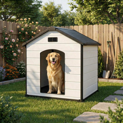 Grande niche pour chien de 46 po en plastique - chenil d'extérieur et d'intérieur résistant aux intempéries pour les petites et moyennes races, plancher surélevé facile à nettoyer, toit incliné et bouches d'aération