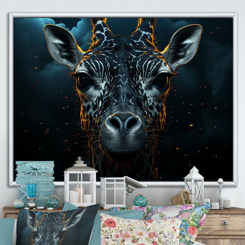 Portrait de girafe noir et blanc Majesty III, Cadre flottant blanc, H 30 po x l 40 po x P 1,5 po