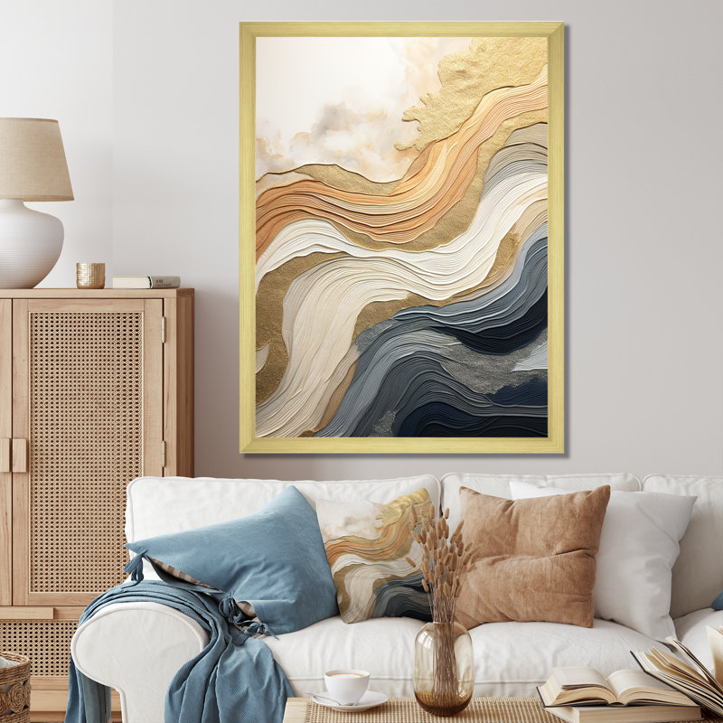 Fusion de vagues côtières blanches et bleues - art mural abstrait, salon, Gold Picture Framed, H 20 po x l 12 po