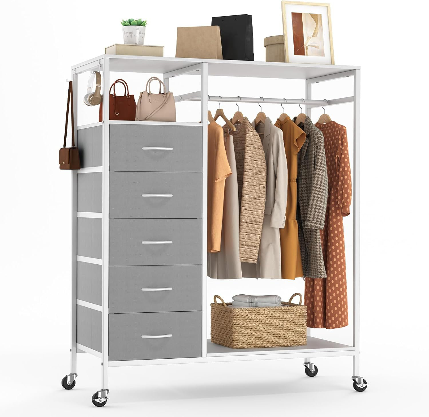 MAXLEAD All-in-One Rolling Wardrobe with 5 Drawers, Mobile Closet ...