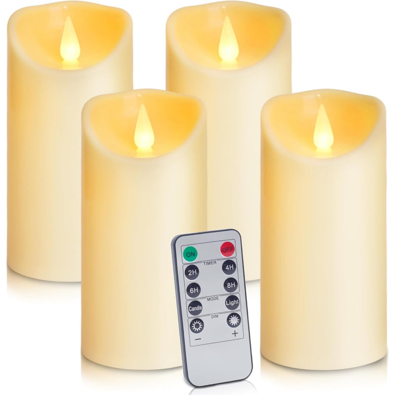 LED Flameless Candles - Battery Operated Lights Plastic Pillar Candle Remote Control Timer Realistic Flickering Flame Electric Powered Artificial Candle Large Ivory Outdoor Indoor Set of 4
