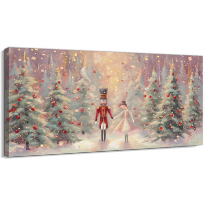 Rétro photos de Noël - Art mural sur toile scène de casse-noisette d'hiver pour le salon, œuvre d'art de décoration d'arbre de Noël festif pour chambre à coucher, cadre en toile de pin tendue, 12 po x 24 po