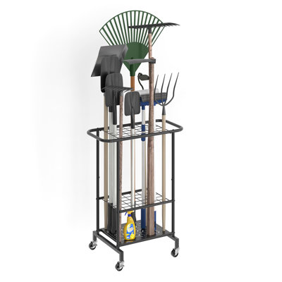 Garden Tool Organizer with Wheels, Heavy Duty Garage Tool Storage Rack, Yard Tool Holder for Long-Handled Tools, (Black)