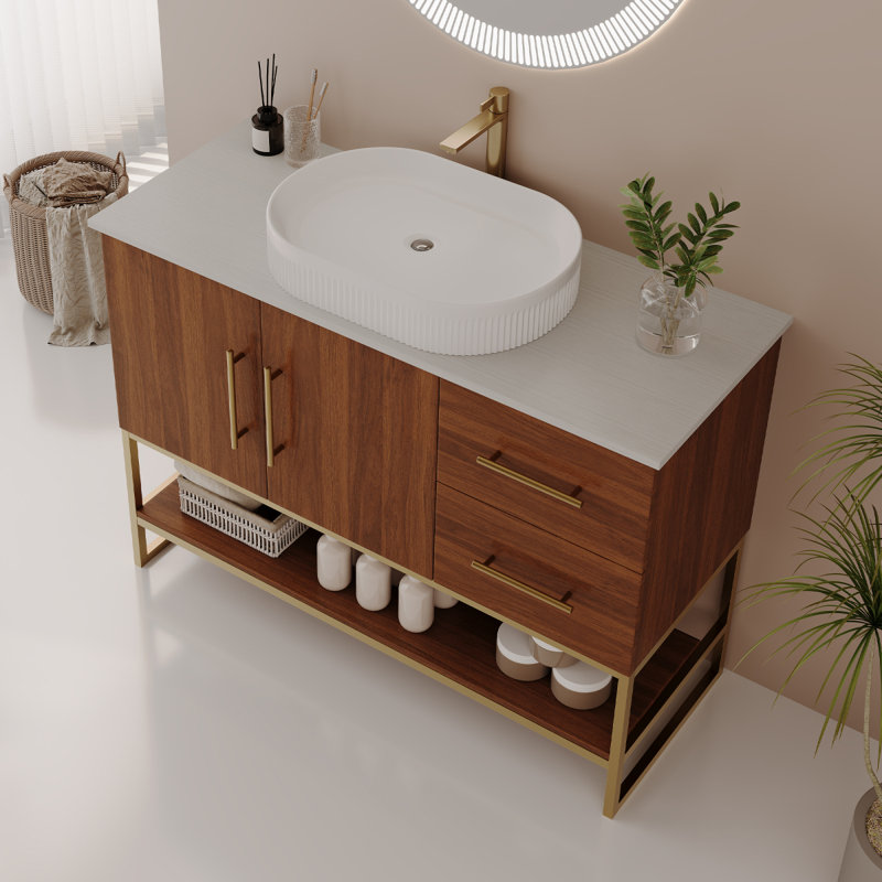 Meuble-lavabo moderne de 36 po avec lavabo vasque en céramique, armoire d'appoint dorée, Brun