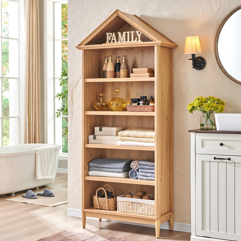 Armoire de salle de bain à arche inclinée, armoire géométrique à 5 niveaux avec rangement, arche triangulaire supérieure moderne avec tablettes réglables, armoire en bois avec tablettes ouvertes