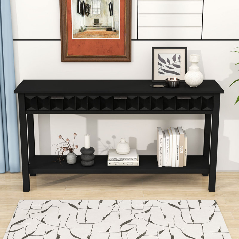 Vintage Honeycomb Wooden Console Table with Storage Drawers and Open Shelf for Entryway, Black