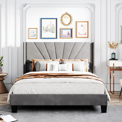 Queen Size Velvet Upholste Platform Bed, Box Spring Needed