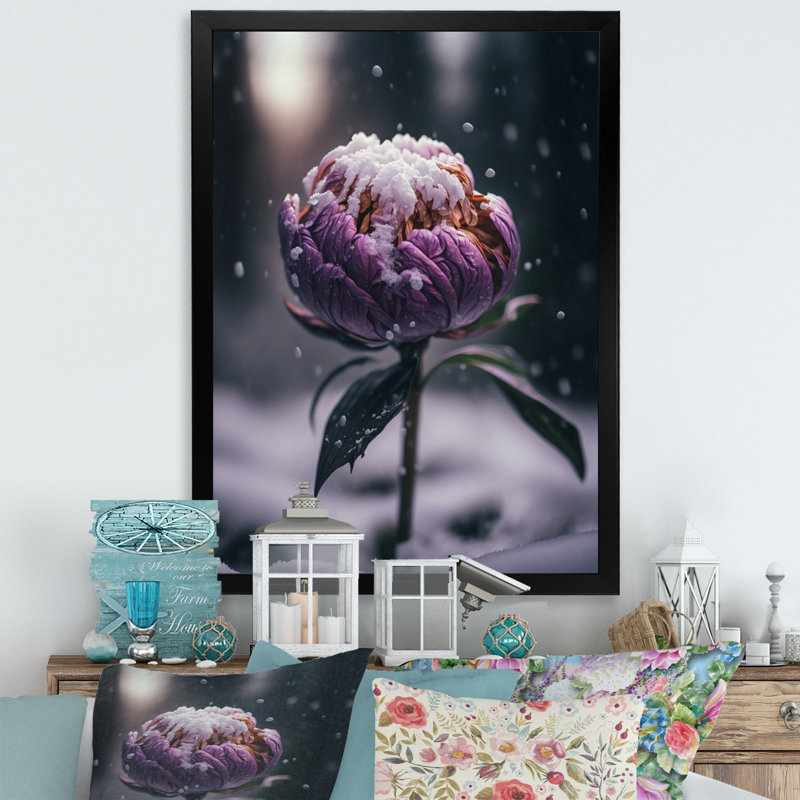 Une fleur de pivoine en hiver III - photographie sur toile, Impression noire sur toile encadrée, H 20 po x l 12 po x P 1 po