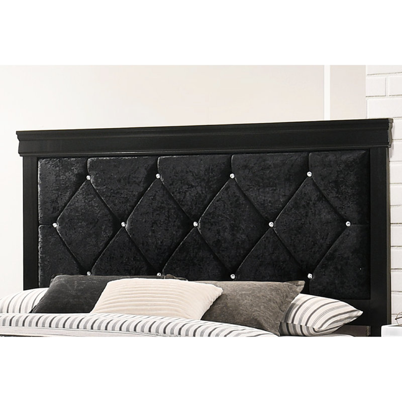 Lit moderne très grand avec tête de lit tapissier et capitonnage à boutons captivant, panneau de finition en bois noir de qualité avec une construction accrocheuse
